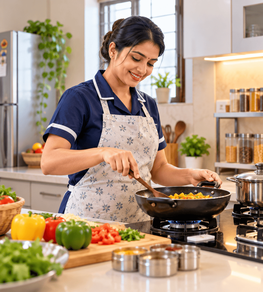 Live-in cooking maid in Delhi home kitchen